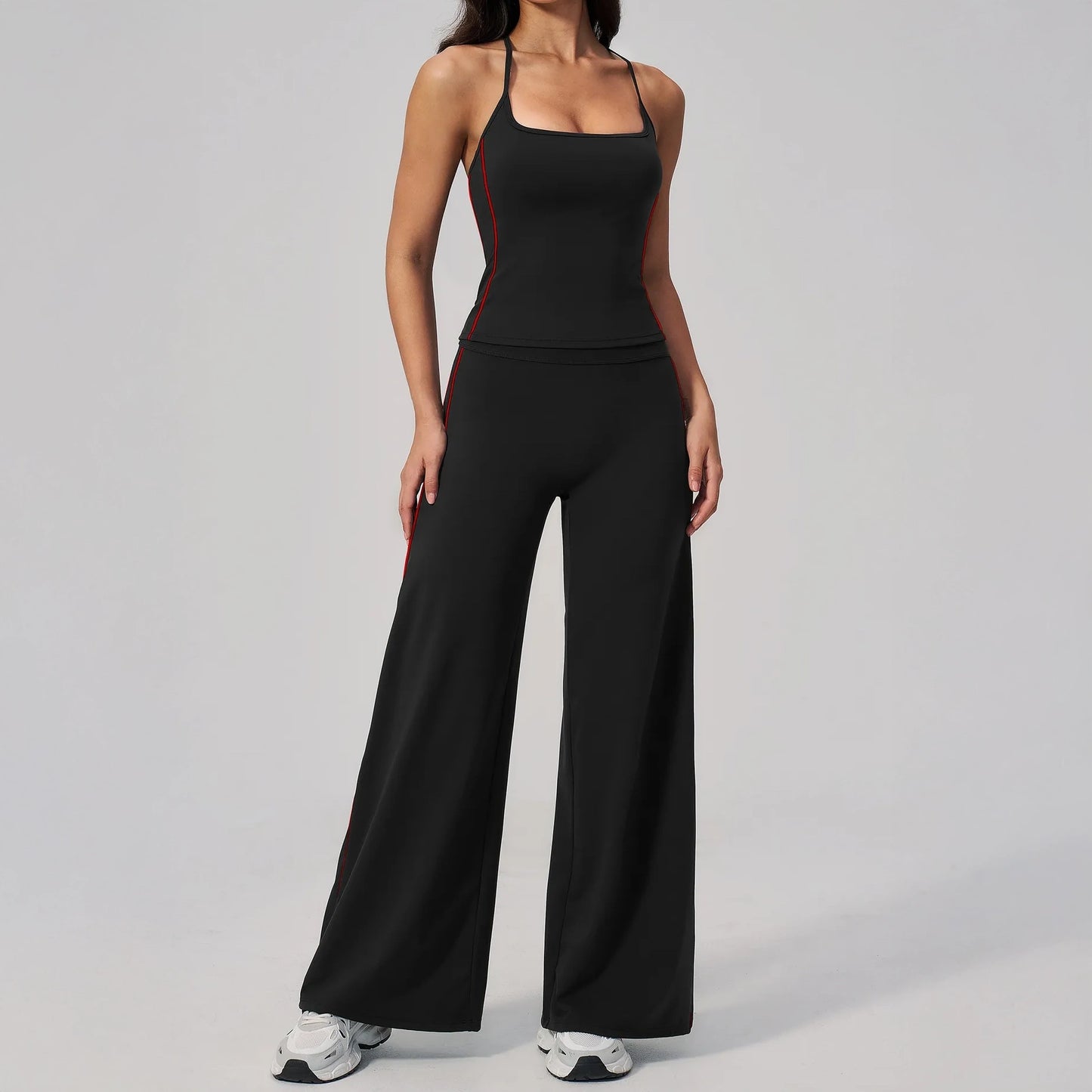 Contrast Fitted Yoga Tank Top - Black / White - black white wide leg front view