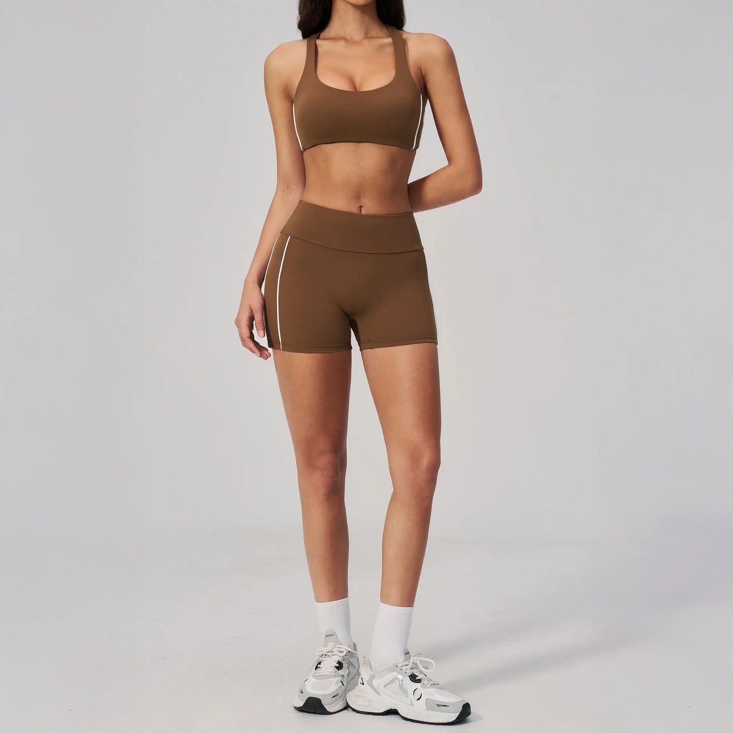 Contrast Racerback Yoga Sports Bra - Chestnut Brown / Cream - chestnut brown cream shorts styling