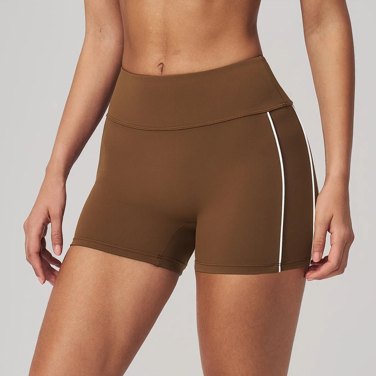 Contrast Sculpting Yoga Shorts - Chestnut Brown / Cream - chestnut brown cream front angle