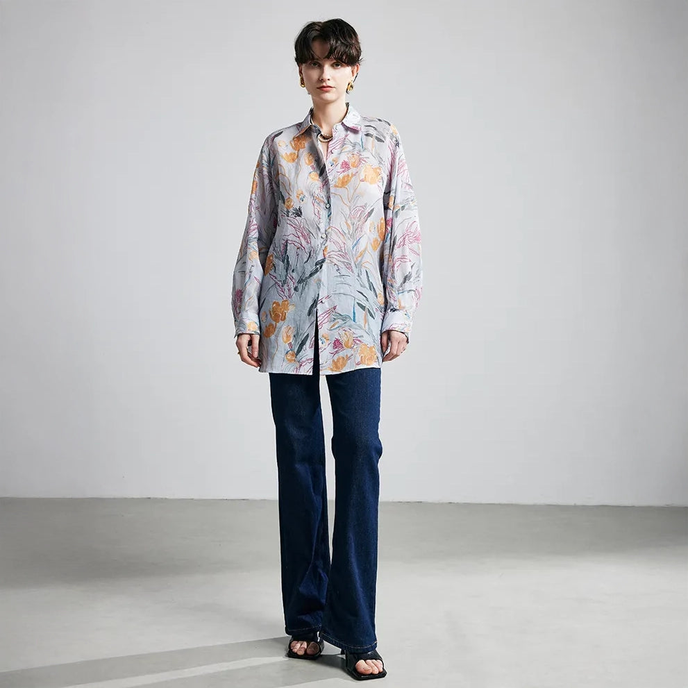 Tulip Print Ramie Long Sleeve Shirt