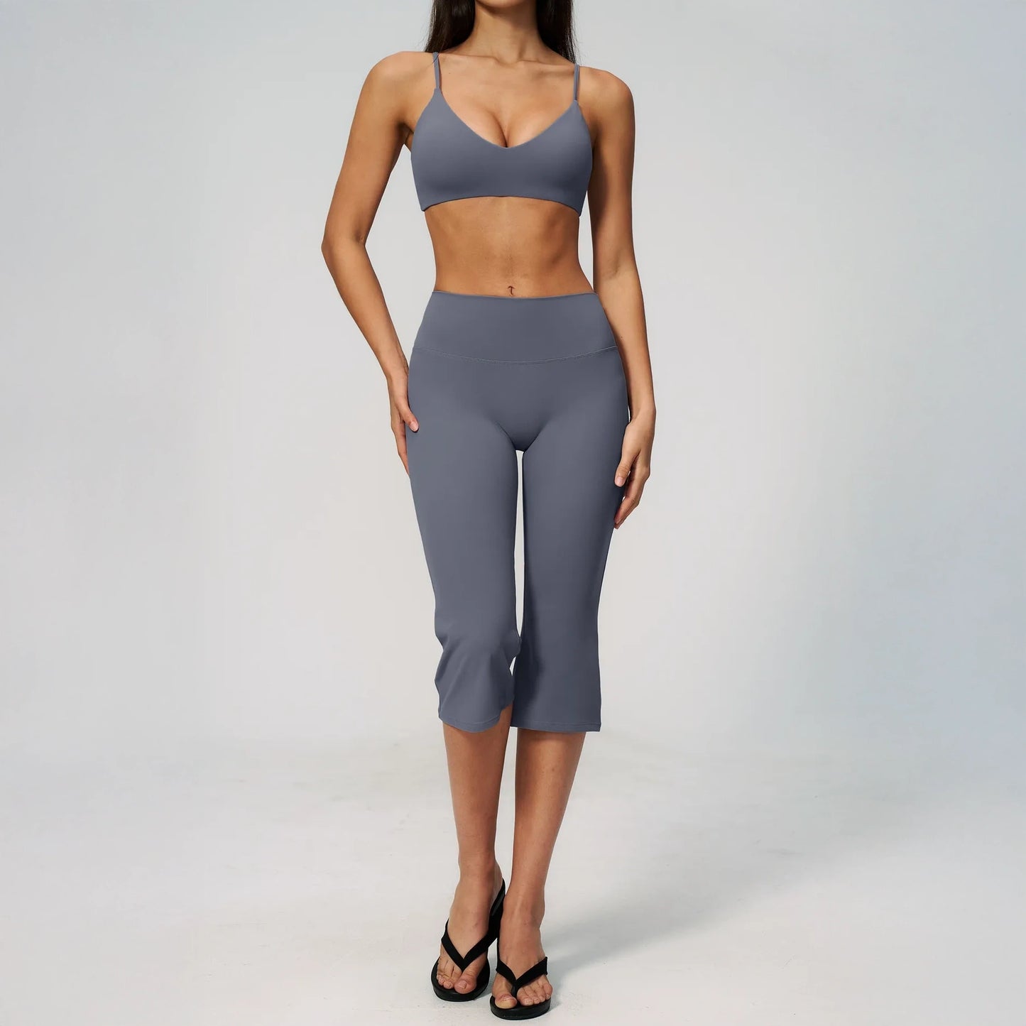V-Neck Adjustable Yoga Sports Bra - Haze Blue - haze blue capri styling