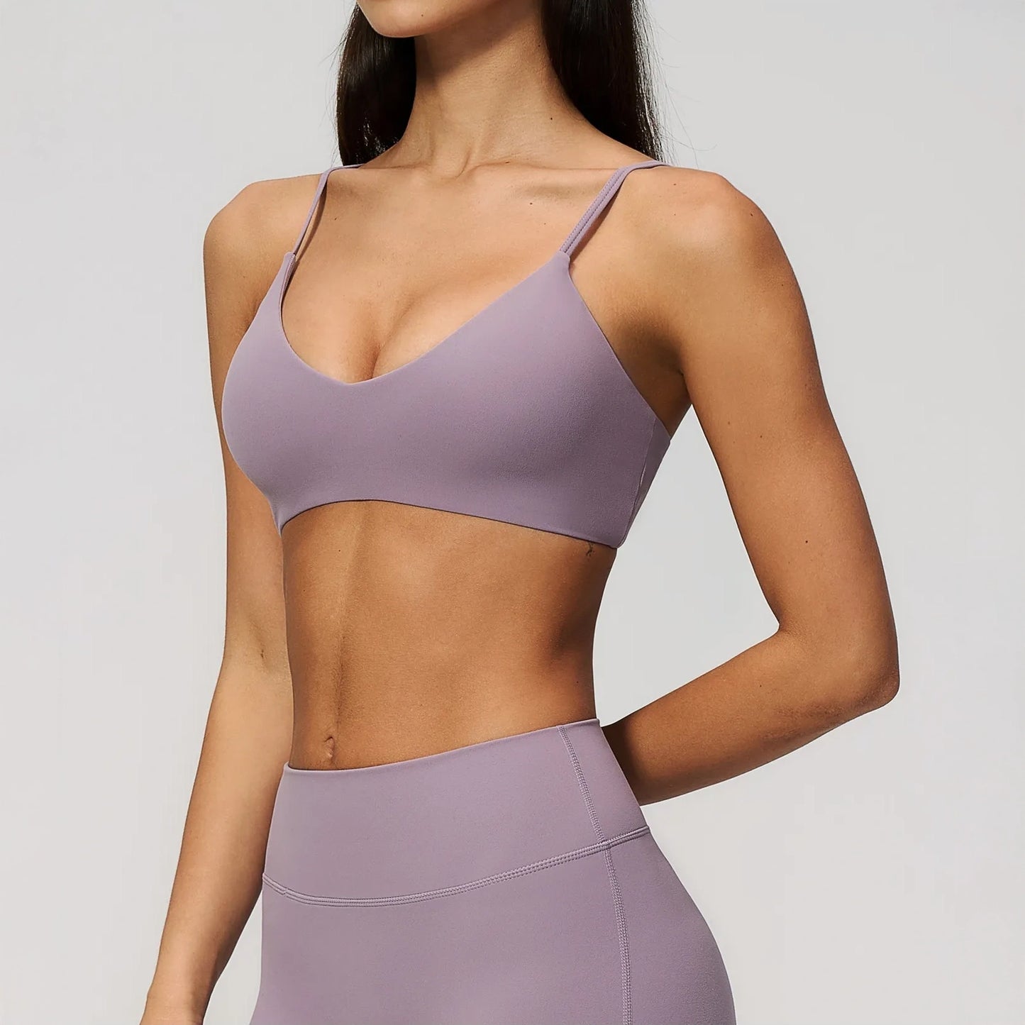 V-Neck Adjustable Yoga Sports Bra - Lilac Purple - lilac purple side closeup