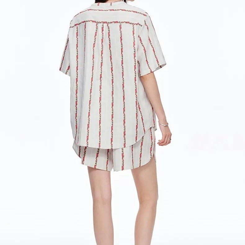 Creamy White Rose Stripe Cotton Pajama Set