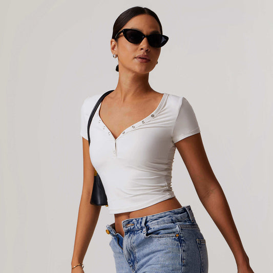 Button V-neck Crop Top by Red Monté