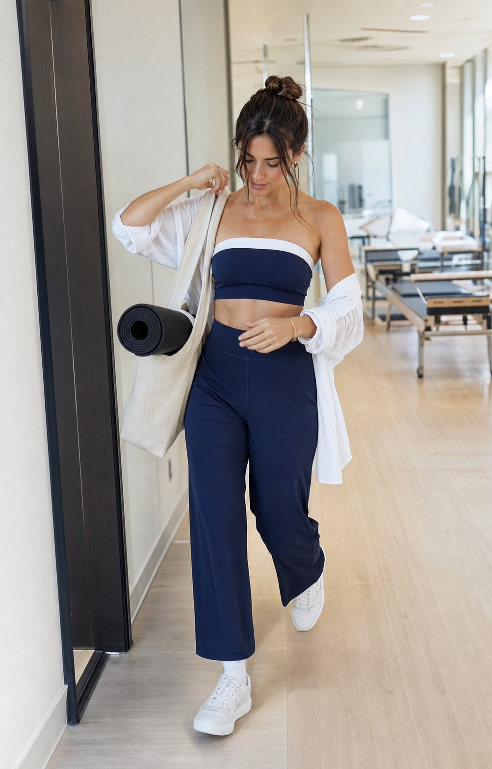 Red Monte navy bandeau sports bra and wide-leg yoga pants styled after Pilates