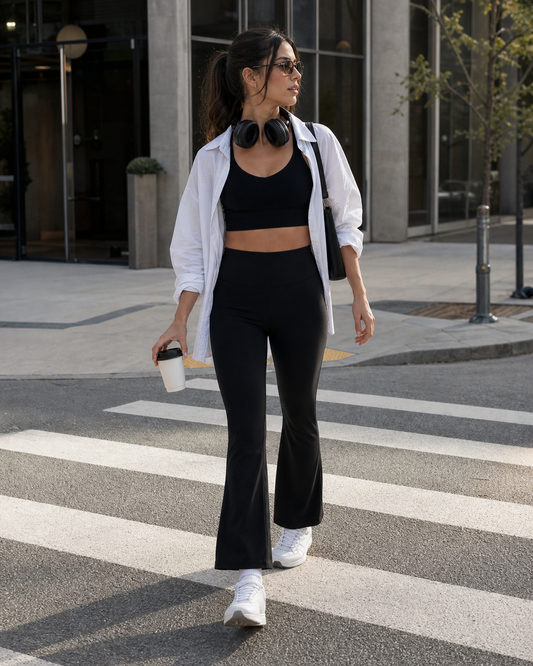Red Monté black flare leggings styled for a Pilates commute