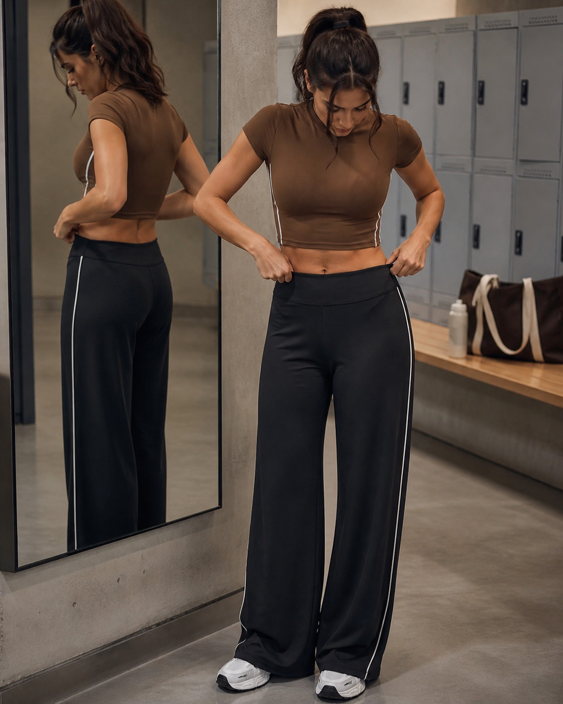 Red Monté chestnut short-sleeve crop top and black wide-leg yoga pants styled in a locker-room fit check