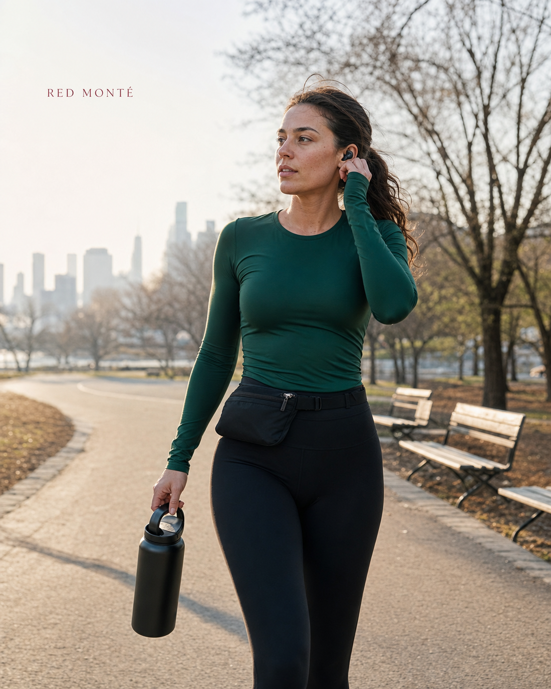 Red Monté gem green long-sleeve active top styled on a morning running path