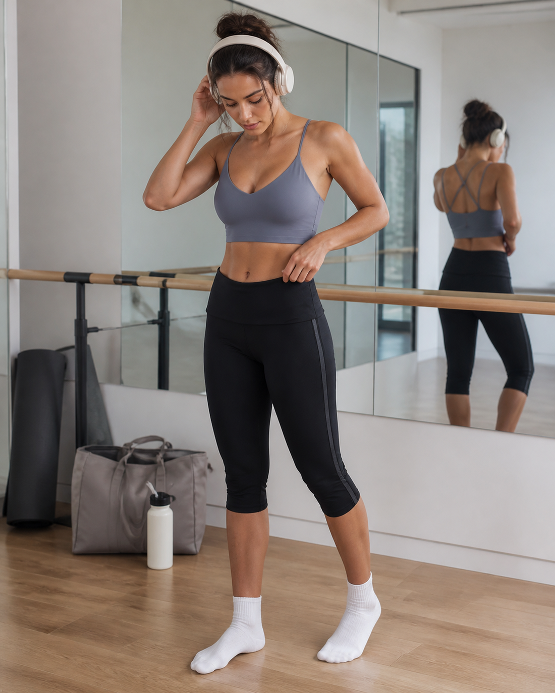 Red Monté haze blue active top and black capri leggings styled in a barre studio mirror fit check