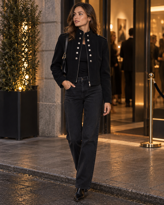 Red Monté black metal-button stand-collar jacket styled with black denim outside a gallery