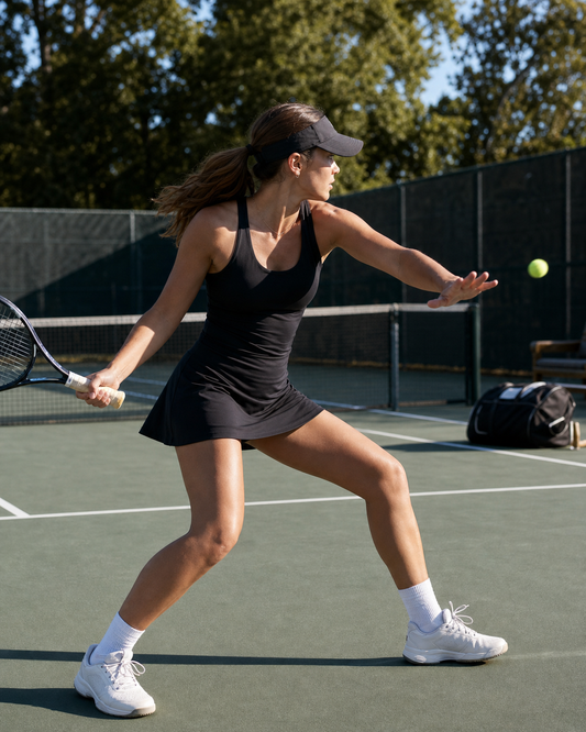 Red Monté black tennis skirt styled for focused court movement