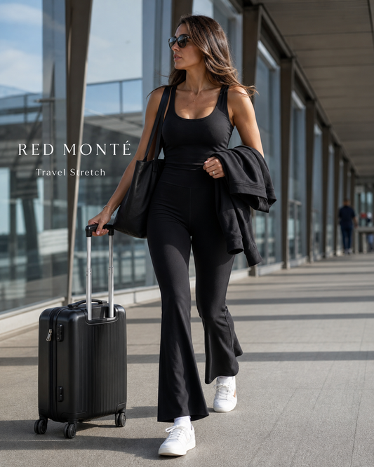 Red Monté black flare leggings styled for polished airport travel