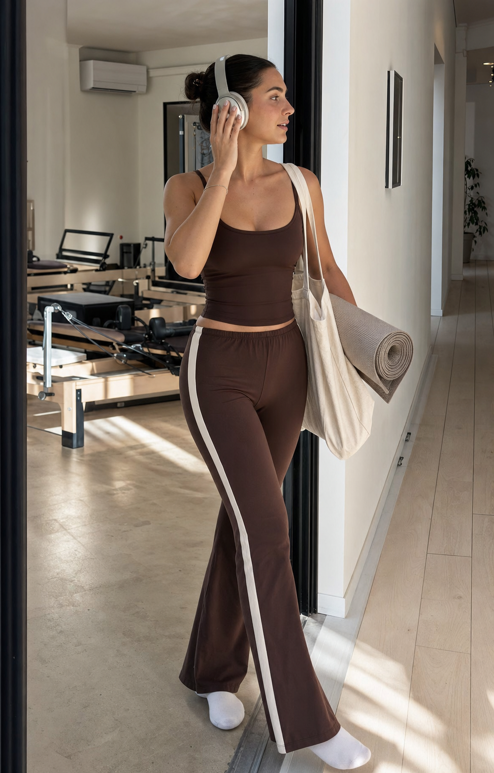 Red Monte coffee brown side-stripe flare yoga pants styled leaving a Pilates studio