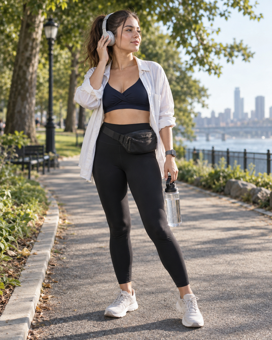 Red Monté dark blue twist sports bra styled with an open shirt for a city walk