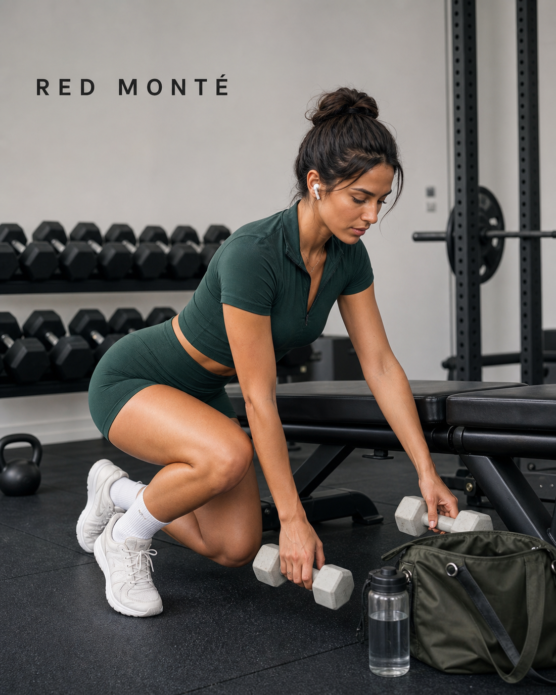 Red Monté dark green half-zip crop top and seamless shorts styled on a strength gym floor
