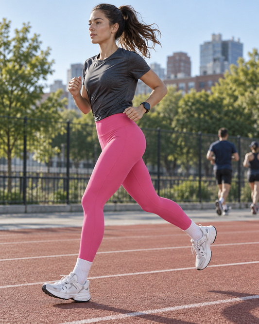 Red Monté rose-pink high-waisted scrunch leggings styled for a morning track run