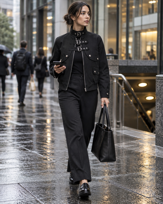 Red Monté black button-detail techwear work jacket styled for a rainy city commute