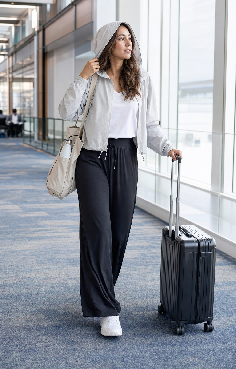 Red Monté wide-leg sun pants and lightweight hooded jacket styled for travel