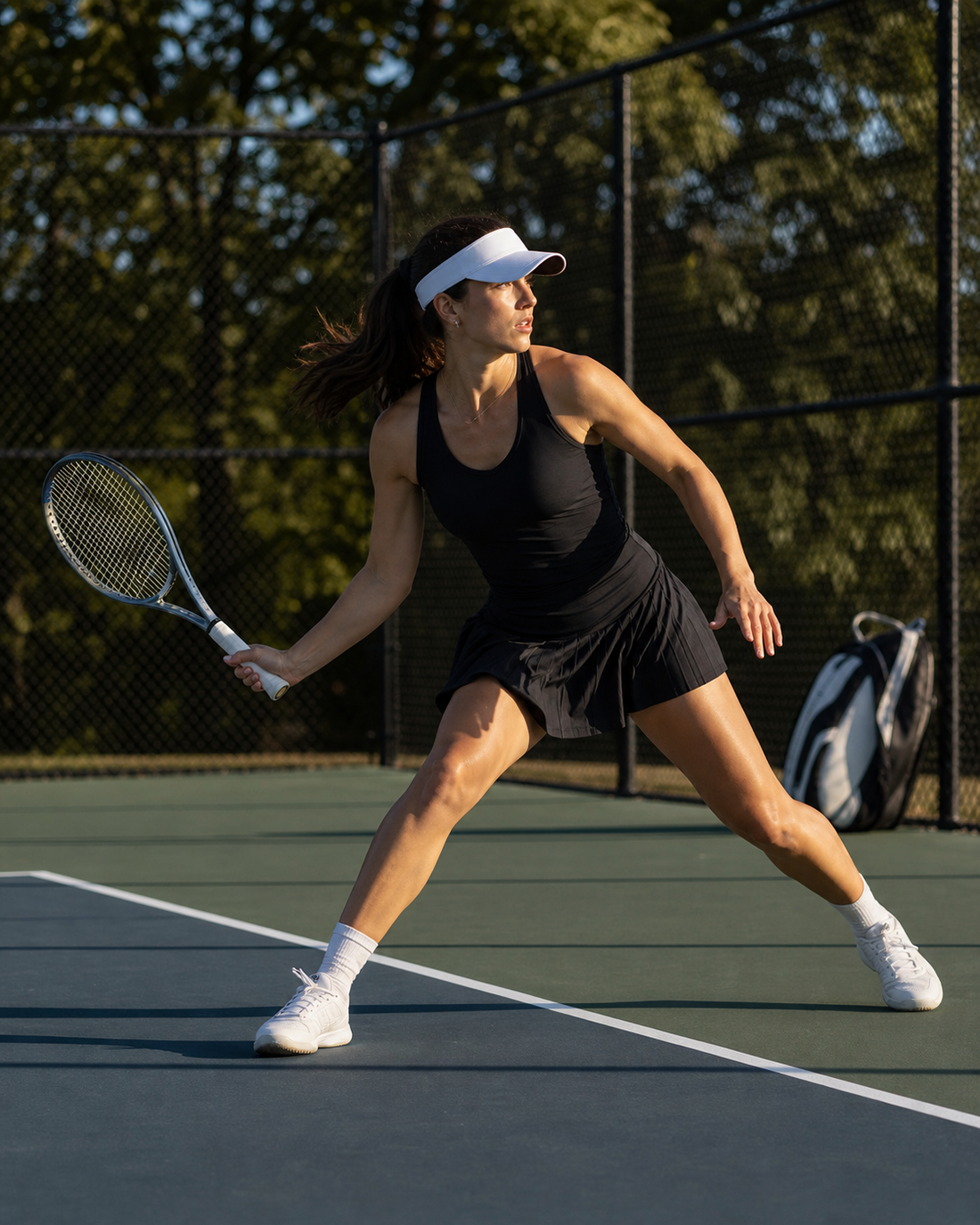 Red Monté black active skirt and fitted tank styled in focused court movement