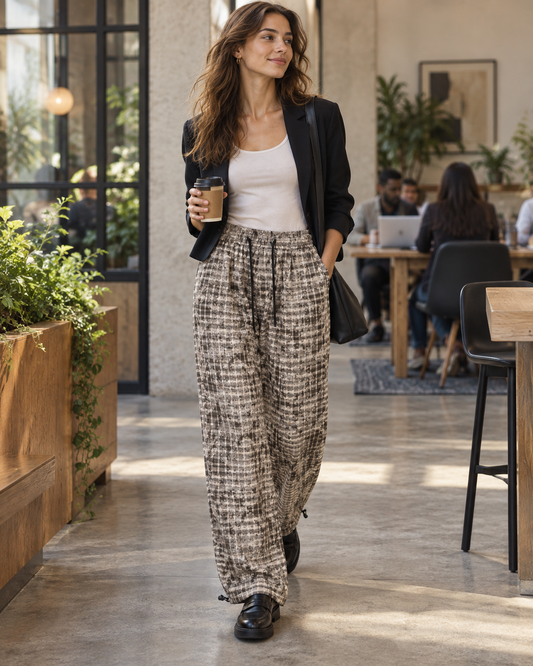 Red Monté distressed plaid drawstring trousers styled with a fitted white tank and black blazer at a cafe office