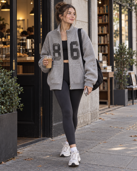 Red Monté gray 86 graphic zip knit cardigan layered over black activewear outside a coffee shop