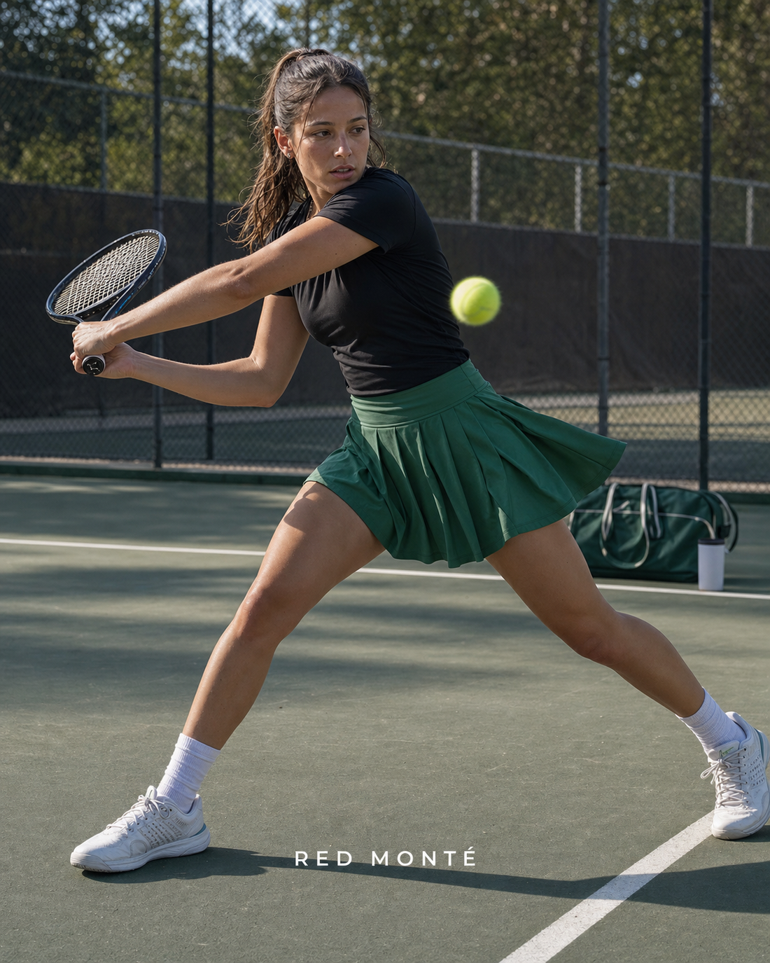 Red Monte green tennis skirt styled for focused court movement