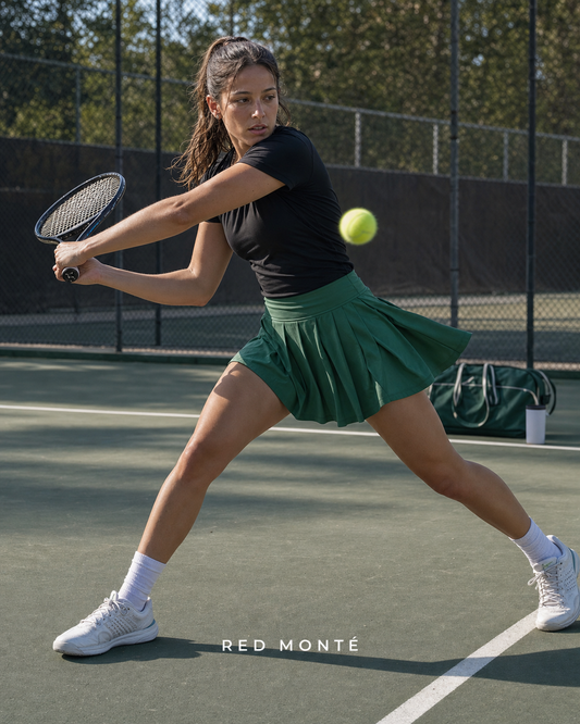 Red Monte green tennis skirt styled for focused court movement