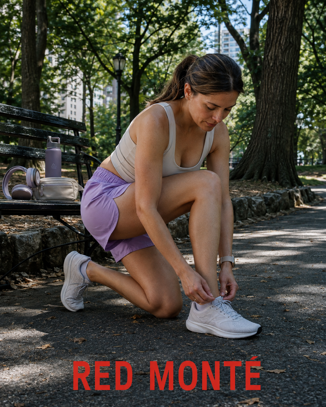 Red Monté lilac athletic shorts styled on a shaded running path