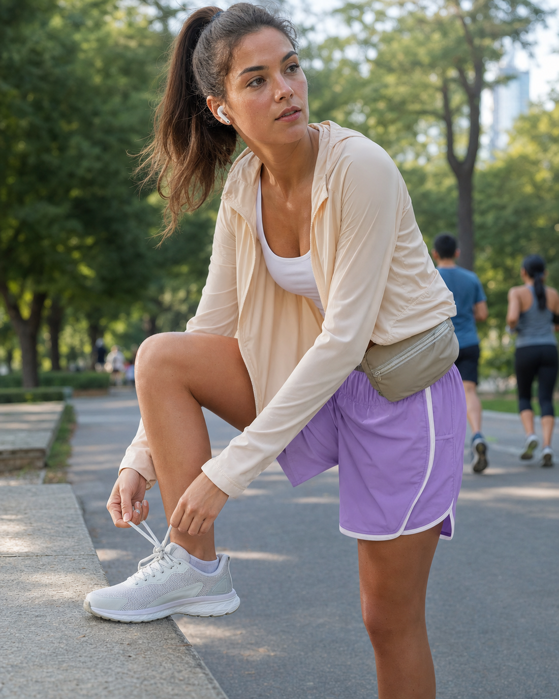 Red Monte lilac athletic shorts and milky apricot sun jacket styled on a running path