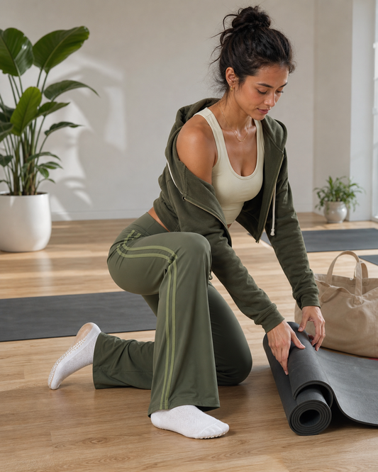 Red Monte moss green side-stripe flare yoga pants styled after yoga class