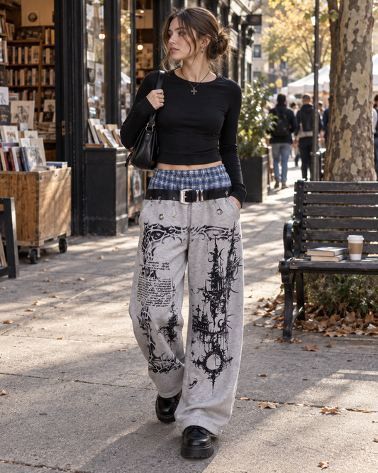 Red Monté plaid-waist graphic wide-leg sweatpants styled with a fitted black top near a bookstore