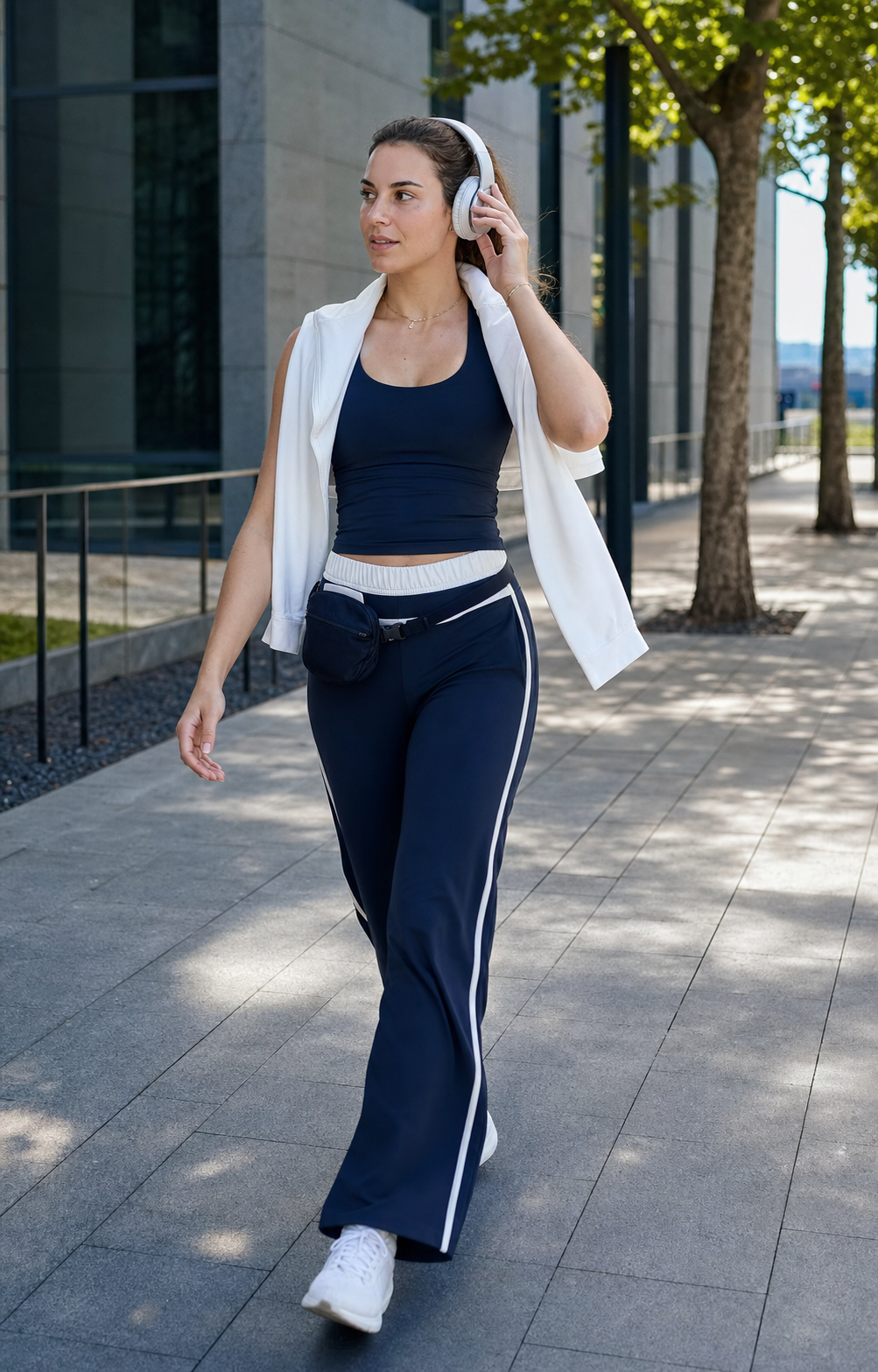 Red Monté navy wide-leg yoga pants styled for a city walk after class