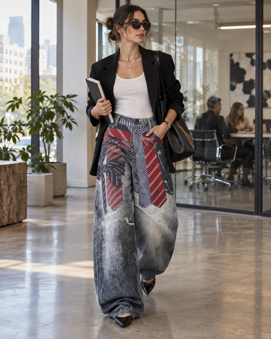 Red Monté 3D tie graphic jeans styled with a fitted white top and blazer in a creative office