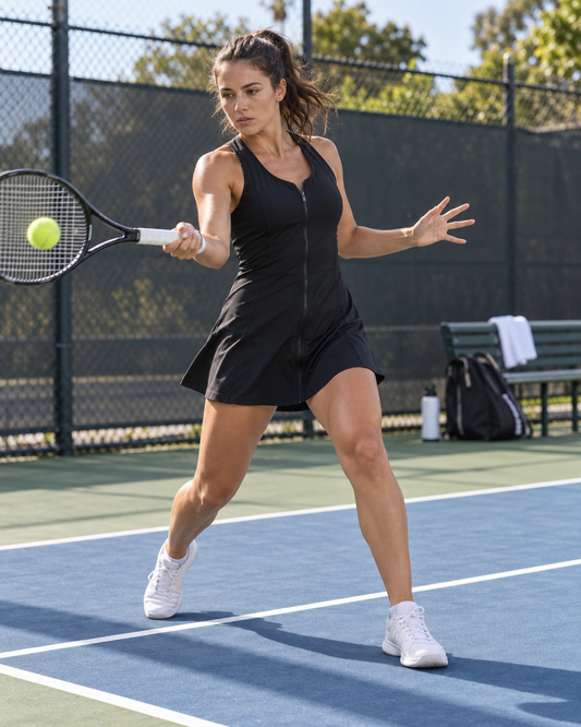 Red Monté black front-zip tennis dress styled for real court movement