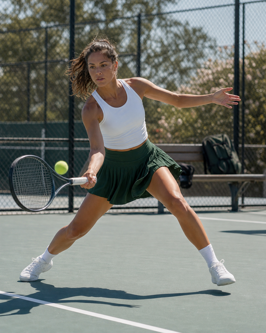 Red Monté green tennis skirt styled for focused court movement