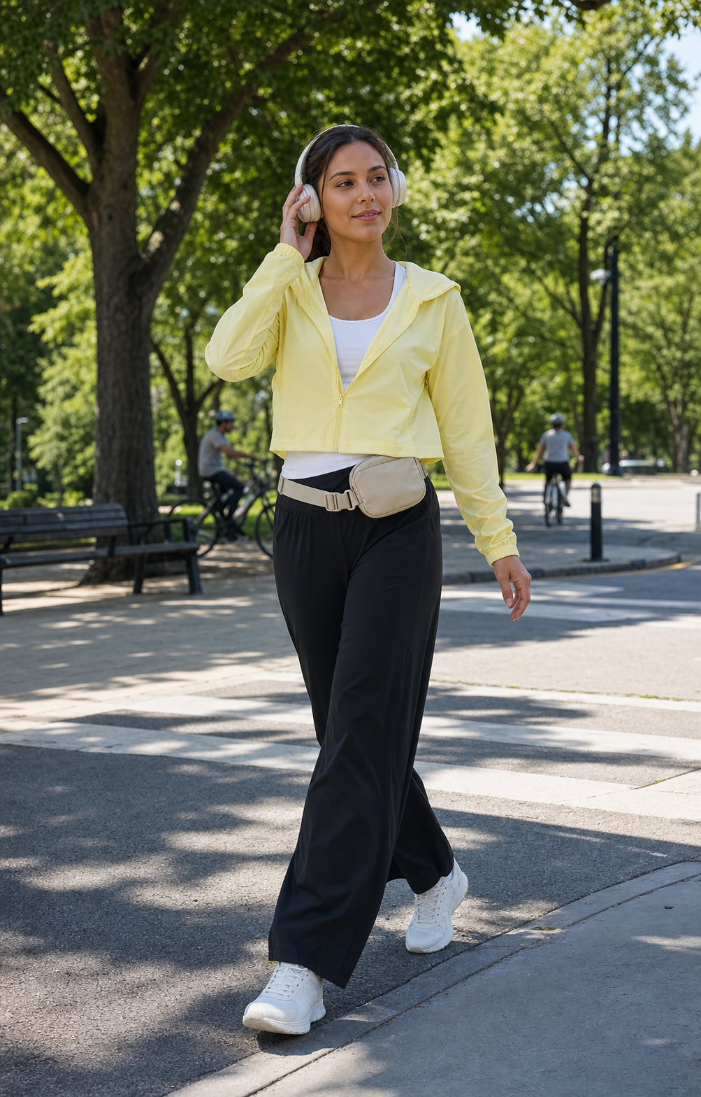 Red Monte lemon sun jacket and black wide-leg active pants styled for a hot walk