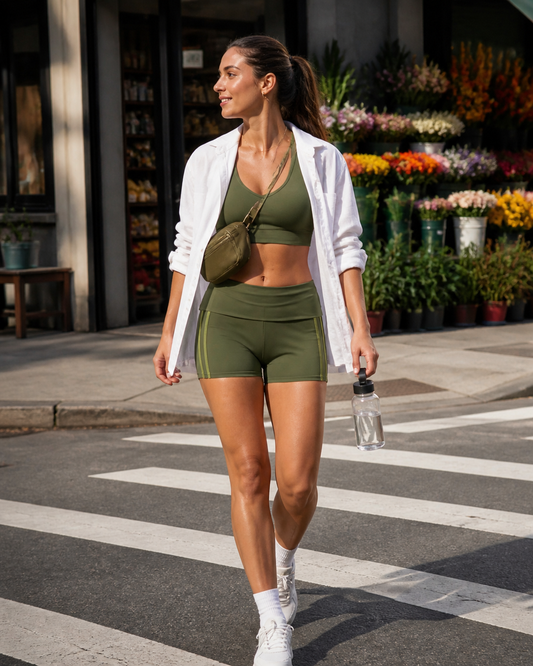 Red Monté moss green foldover athletic shorts styled for city errands