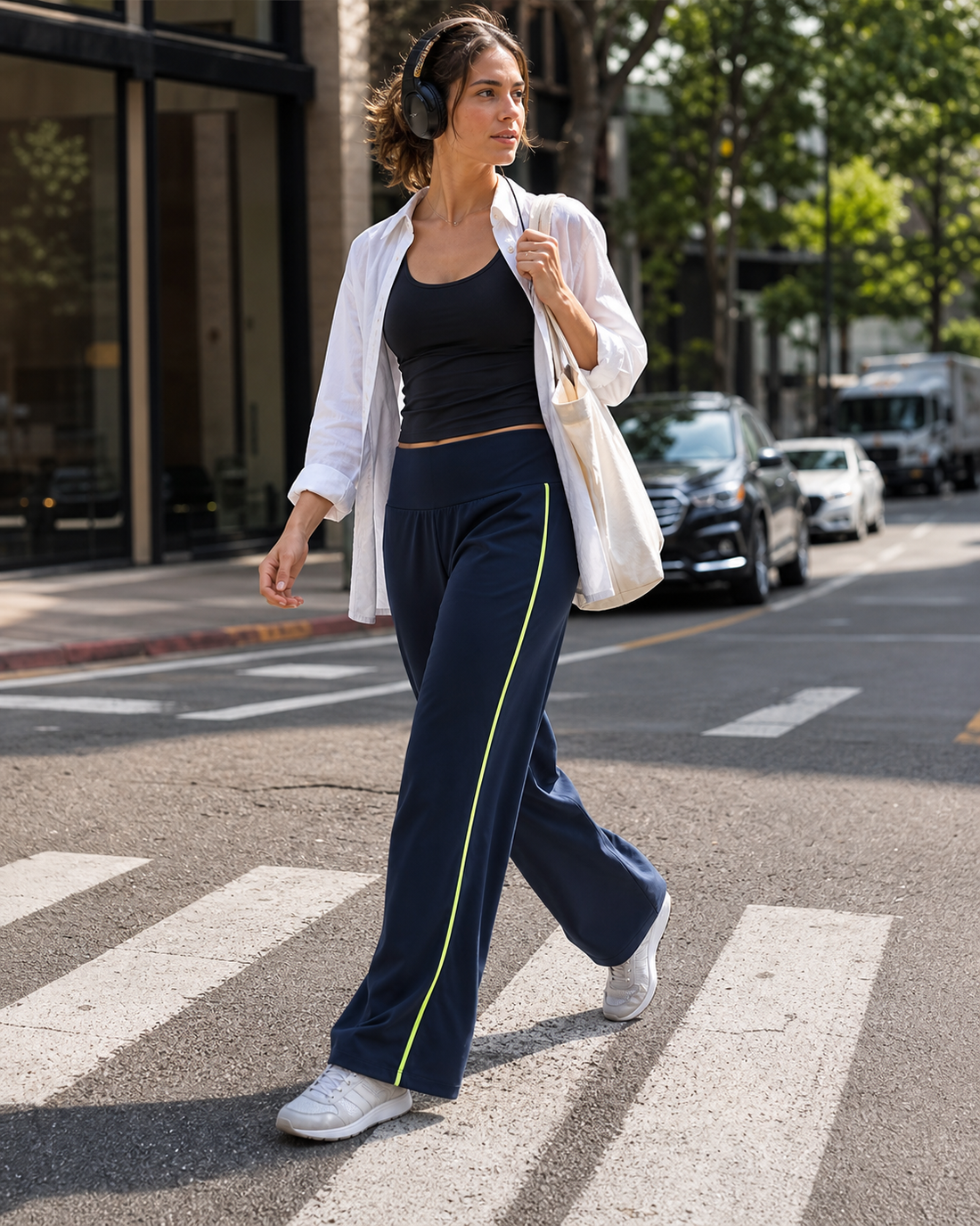 Red Monté navy wide-leg yoga pants styled with an open shirt for a city crosswalk