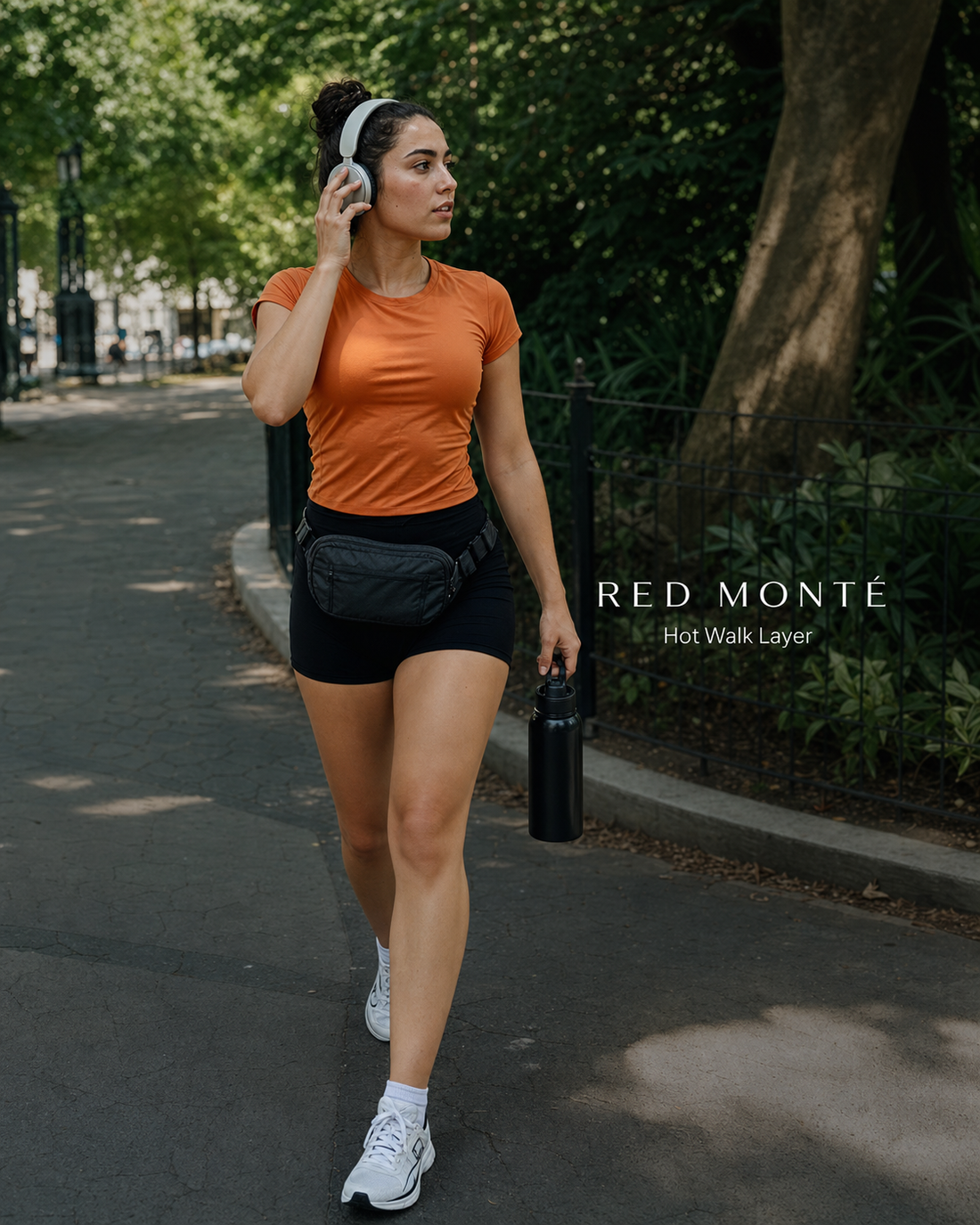 Red Monté orange short sleeve active top styled for a shaded hot-weather walk