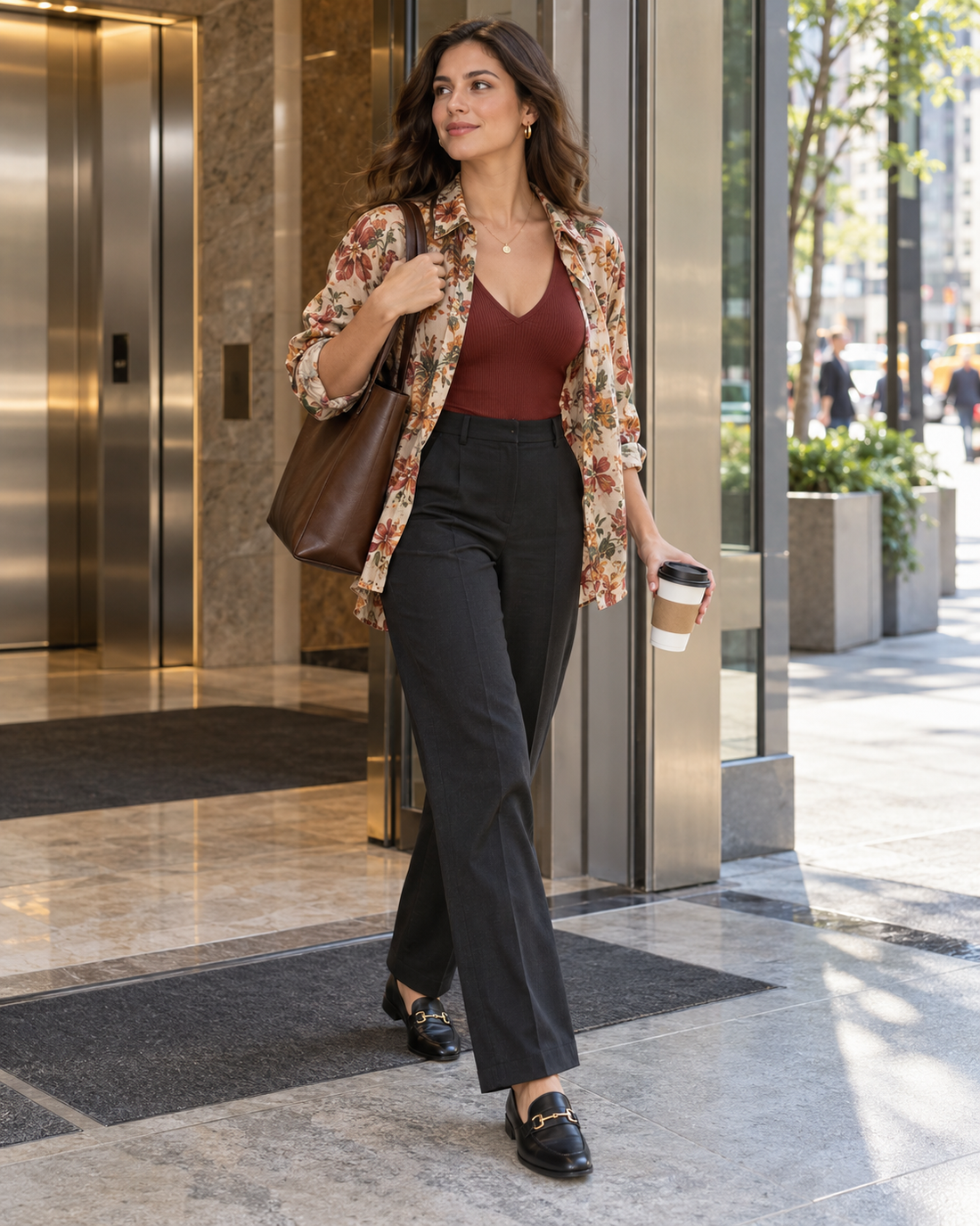 Red Monté redwood bodysuit layered with an autumn floral ramie shirt for an office commute