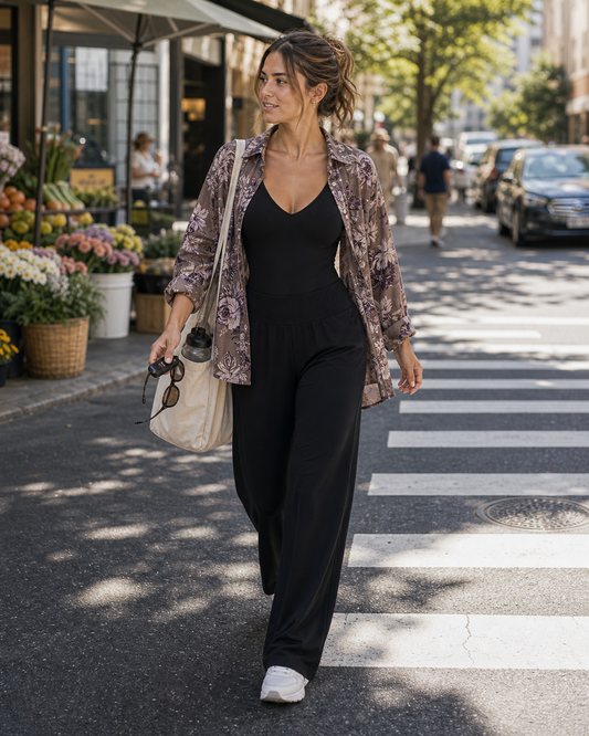 Red Monté black active bodysuit layered with wide-leg pants and a printed ramie shirt for errands