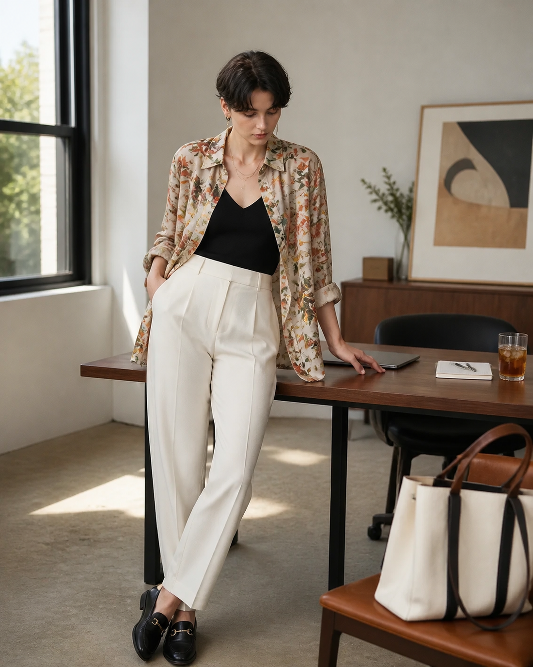 Red Monté autumn floral ramie shirt styled open over a black base in a relaxed office desk scene