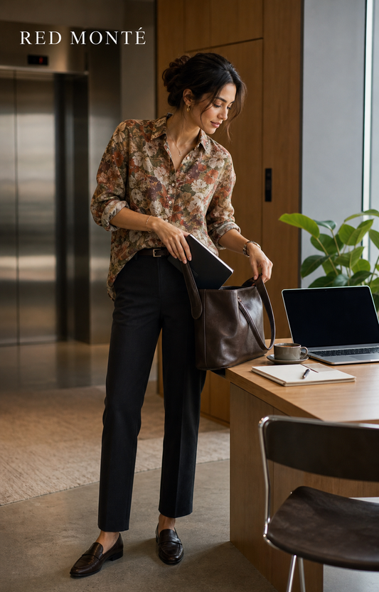 Red Monté autumn floral ramie shirt styled for desk work and office lunch