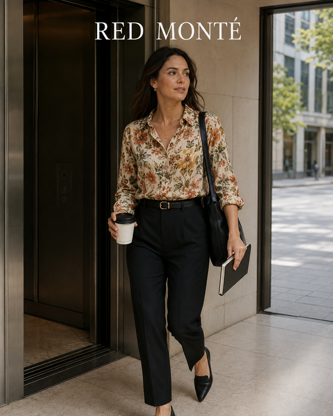 Red Monté autumn floral ramie shirt styled with black trousers in an office elevator lobby