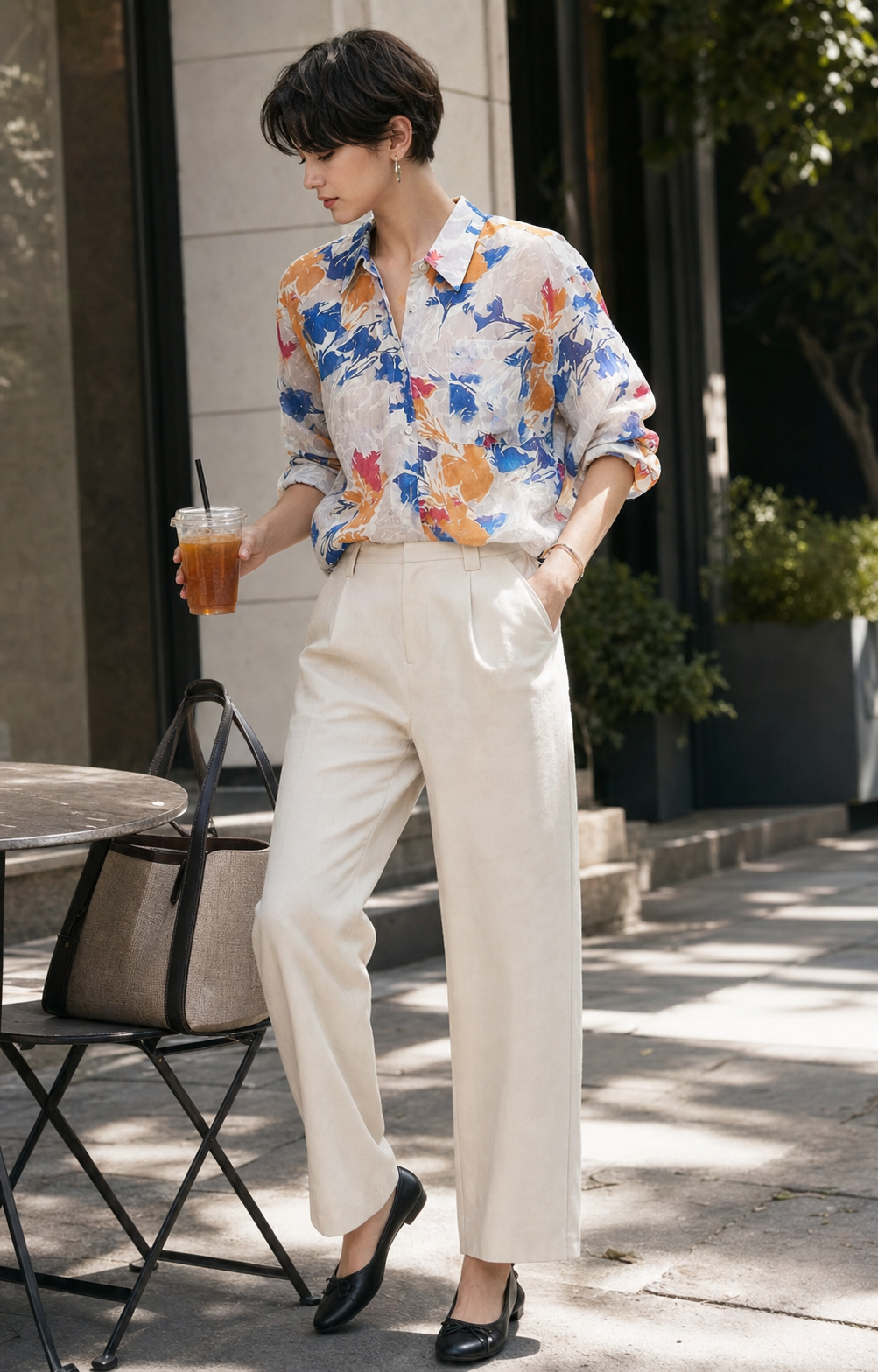 Red Monté autumn floral ramie shirt styled for a summer office lunch