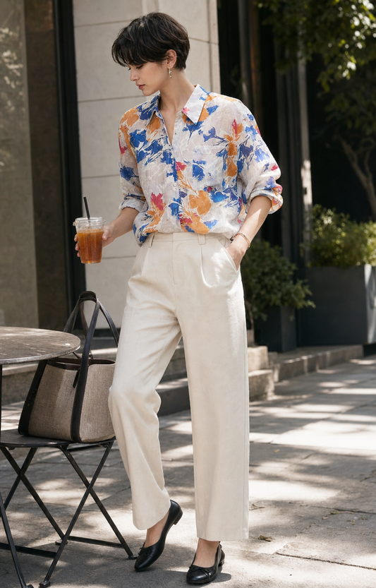 Red Monté autumn floral ramie shirt styled for a summer office lunch