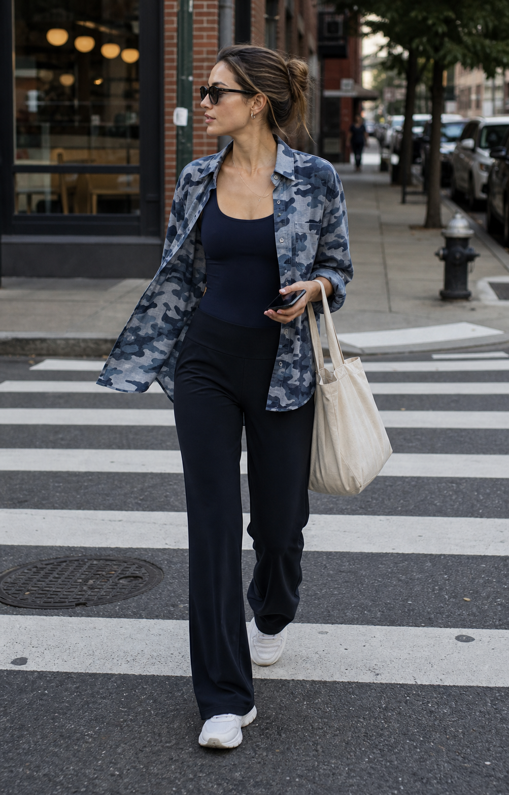 Red Monté blue camouflage ramie shirt styled as a soft summer streetwear layer