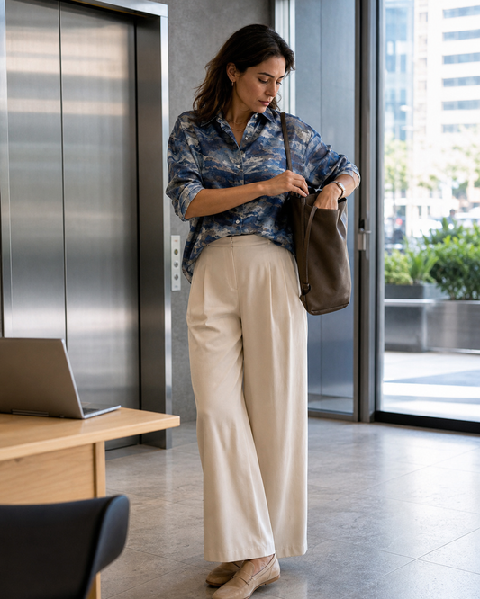 Red Monté blue camouflage ramie shirt styled for a summer office lobby