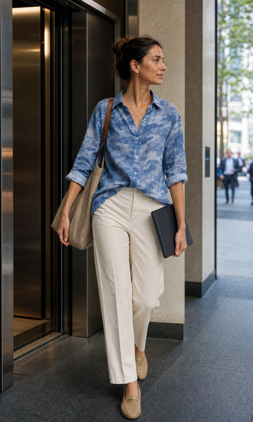 Red Monté blue camouflage ramie shirt styled for an office lobby commute