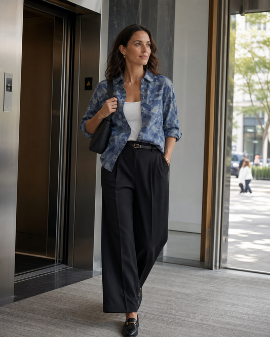 Red Monté blue camouflage ramie shirt styled for an office lobby and lunch